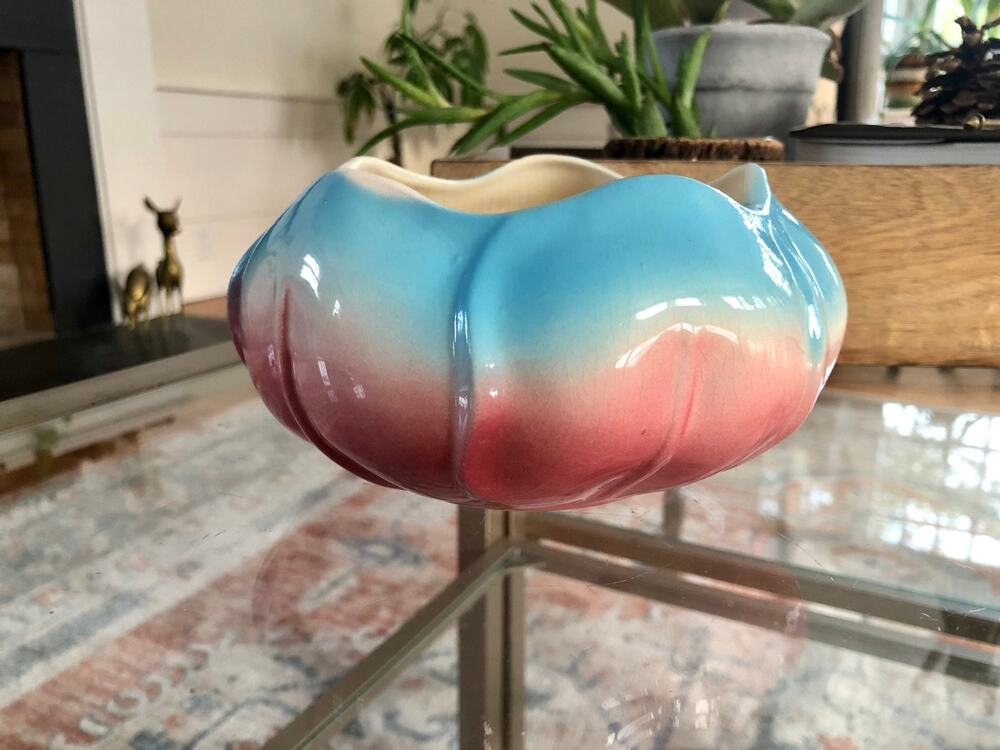 Vintage 1970s Ceramic Pansy Bud Vase Ring Planter Pink Blue Mid Century Modern